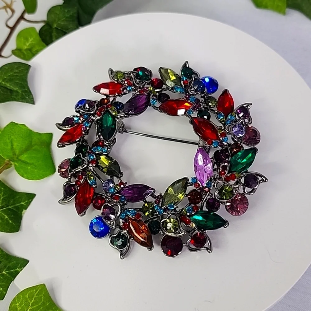 Large Statement Silver with Multi Color Crystal Stones Pin Brooch / Pendant New